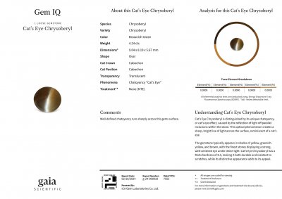 Certificate Cat's eye chrysoberyl in cabochon cut 4.24 carats, Sri Lanka