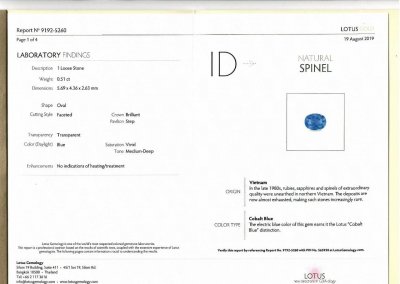 Certificate Extremely rare cobalt spinel 0.51 ct, Vietnam, Lotus