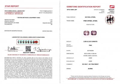 Certificate Pair of greyish pink octagon cut spinels 4.08 ct, Burma