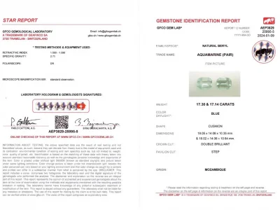 Certificate Pair of cushion cut aquamarines 34.45 carats, Mozambique
