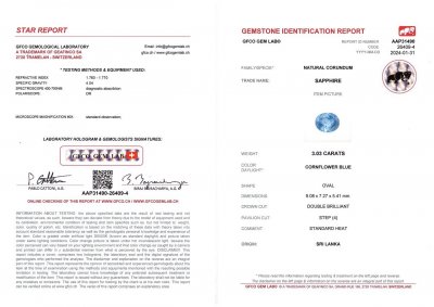 Certificate Cornflower blue sapphire in oval cut 3.03 carats, Sri Lanka