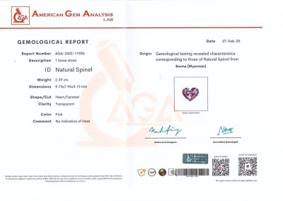 Certificate Pink spinel heart shape 2.39 carats, Burma