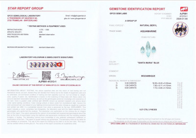 Certificate Set of aquamarines Santa Maria pear and marquise cut 5.27 carats, Mozambique