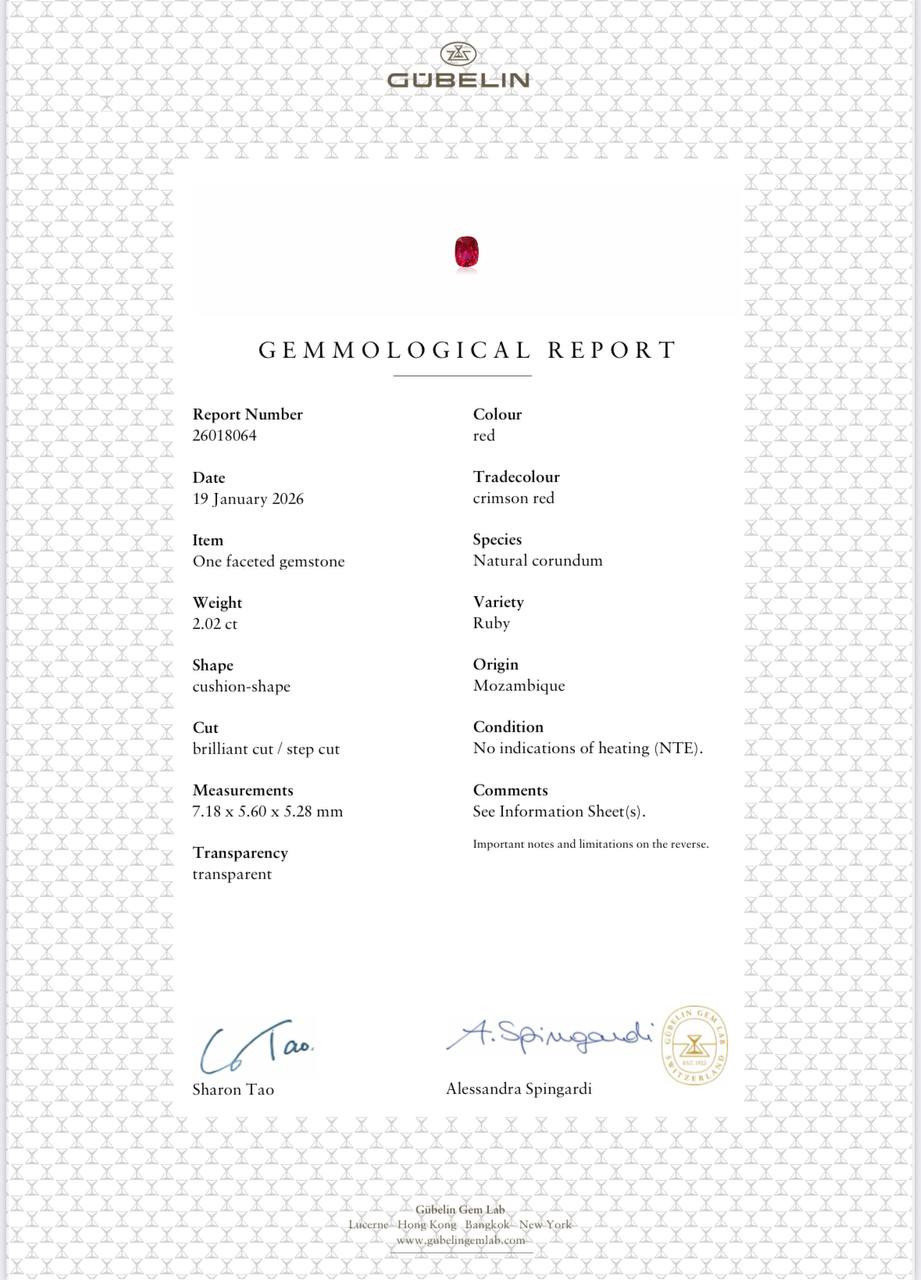 Unheated Crimson Red ruby cushion cut 2.02 carats, Mozambique. Gubelin Image №6