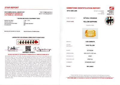 Certificate Sapphire Vivid Yellow octagon cut 3.02 carats, Sri Lanka