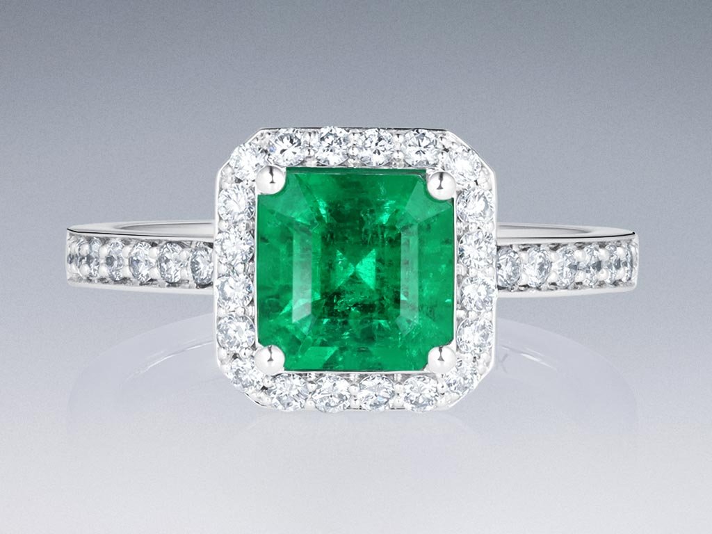 Ring with Muzo Green colombian emerald 1.45 ct and diamonds in 18K white gold Image №1