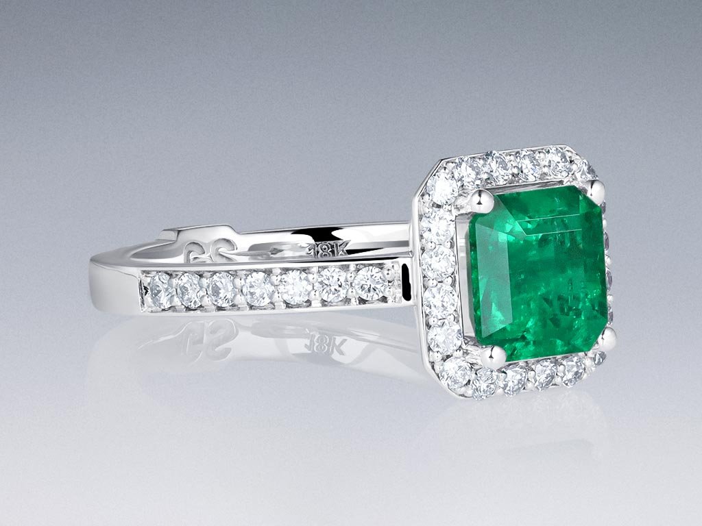 Ring with Muzo Green colombian emerald 1.45 ct and diamonds in 18K white gold Image №2