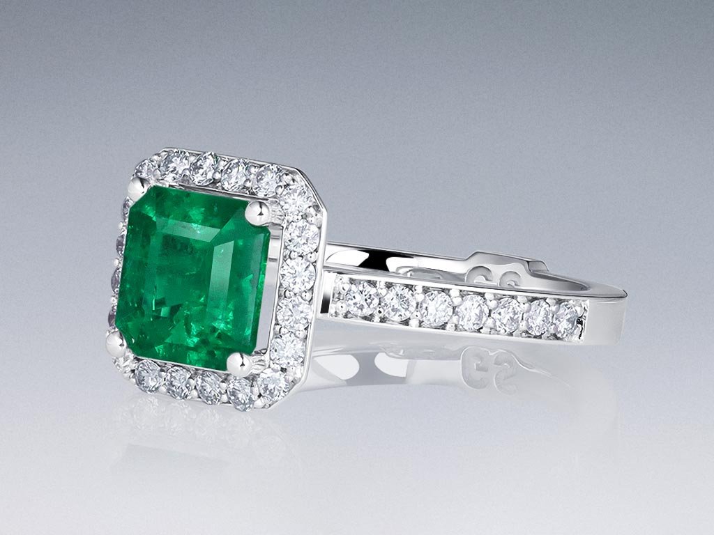 Ring with Muzo Green colombian emerald 1.45 ct and diamonds in 18K white gold Image №3