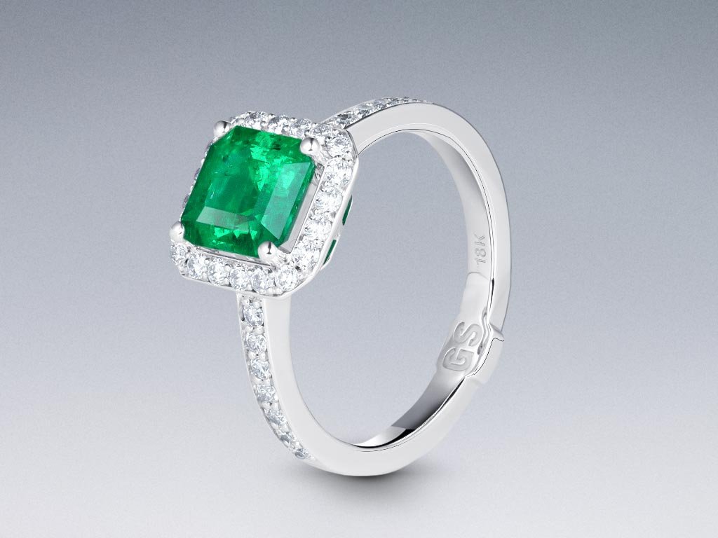 Ring with Muzo Green colombian emerald 1.45 ct and diamonds in 18K white gold Image №4