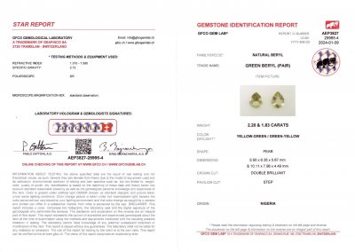 Certificate Pair of rare green beryl in pear cut 4.03 carats, Nigeria