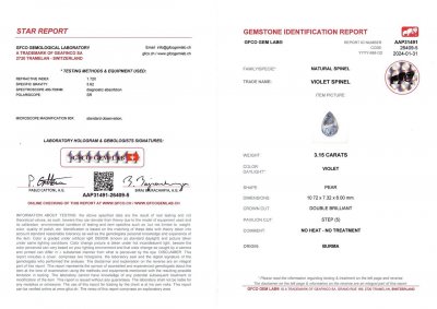 Certificate Lavender spinel 3.15 carats in pear cut, Burma