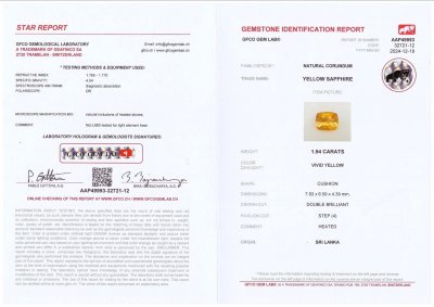 Certificate Vivid yellow sapphire in cushion cut 1.94 carats, Sri Lanka