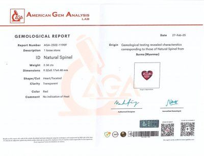 Certificate Vivid red spinel in heart shape 2.34 carats, Burma