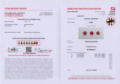 Certificate Set of rubies Pigeon Blood Red round cut 0.57 carats, Mozambique