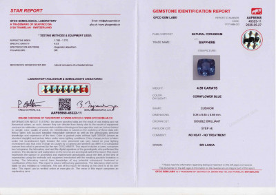 Certificate Unheated Cornflower Blue sapphire in cushion cut 4.59 carats, Sri Lanka