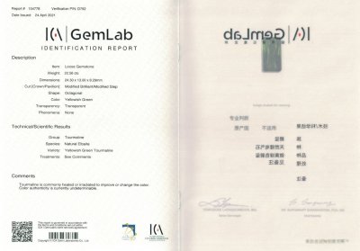 Certificate Large Verdelite from Madagascar 22.56 ct, ICA