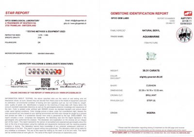 Certificate Large blue aquamarine from Nigeria 30.31 ct cushion cut