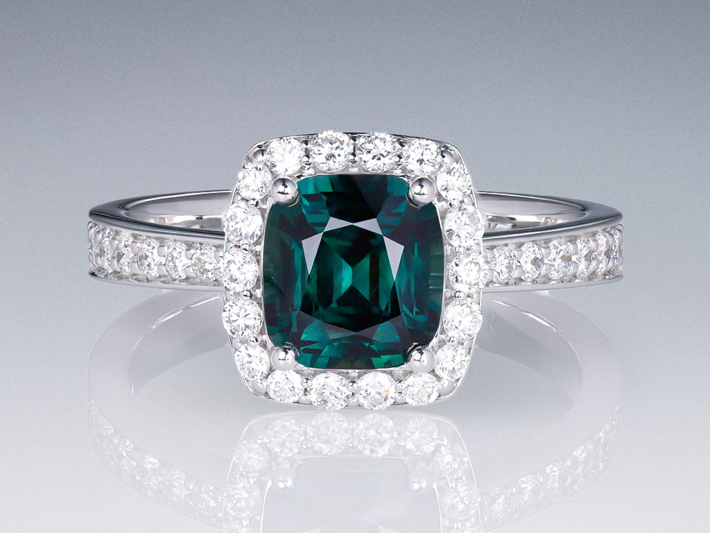 Ring with untreated Teal sapphire 1.53 ct  and diamonds in 18K gold white Image №1