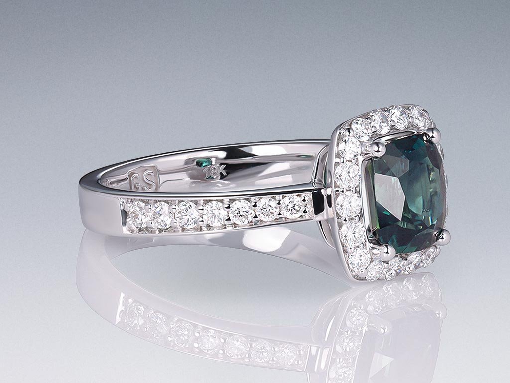 Ring with untreated Teal sapphire 1.53 ct  and diamonds in 18K gold white Image №2