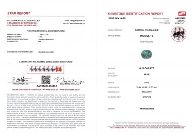 Certificate Rare indigolite tourmaline 4.19 carats in oval cut, Afghanistan