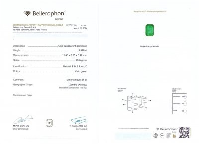 Certificate Vivid Green emerald 3.97 carats in octagon cut, Zambia