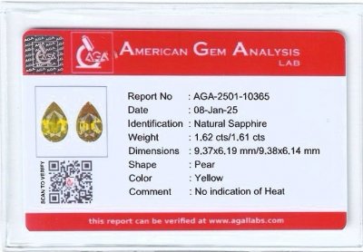 Certificate Pair of unheated pear cut yellow sapphires 3.23 carats, Madagascar