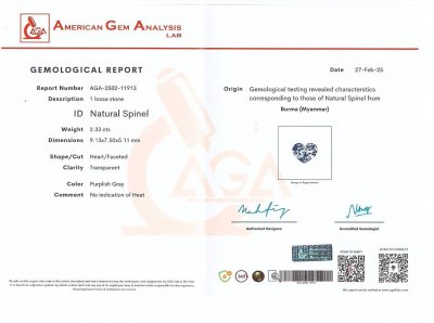 Certificate Steel grey spinel heart shape 2.33 carats, Burma