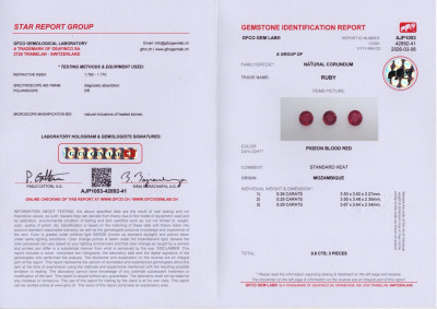 Certificate Set of rubies Pegeon Blood Red  round cut 0.80 carats, Mozambique