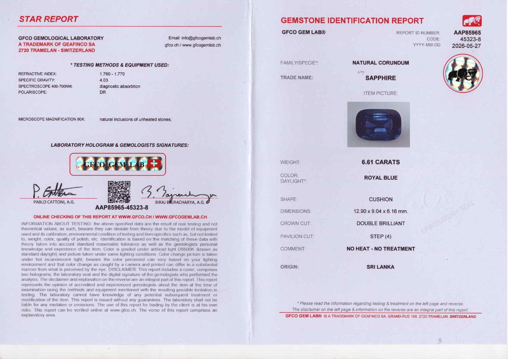 Unheated Royal Blue sapphire in cushion cut 6.61 carats, Sri Lanka Image №6