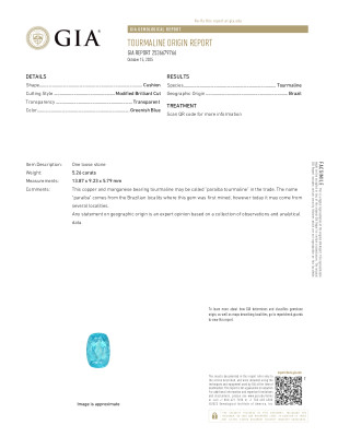Certificate Investment-grade neon-blue Paraiba tourmaline, cushion cut, 5.26 carats, Brazil, GRS, GIA