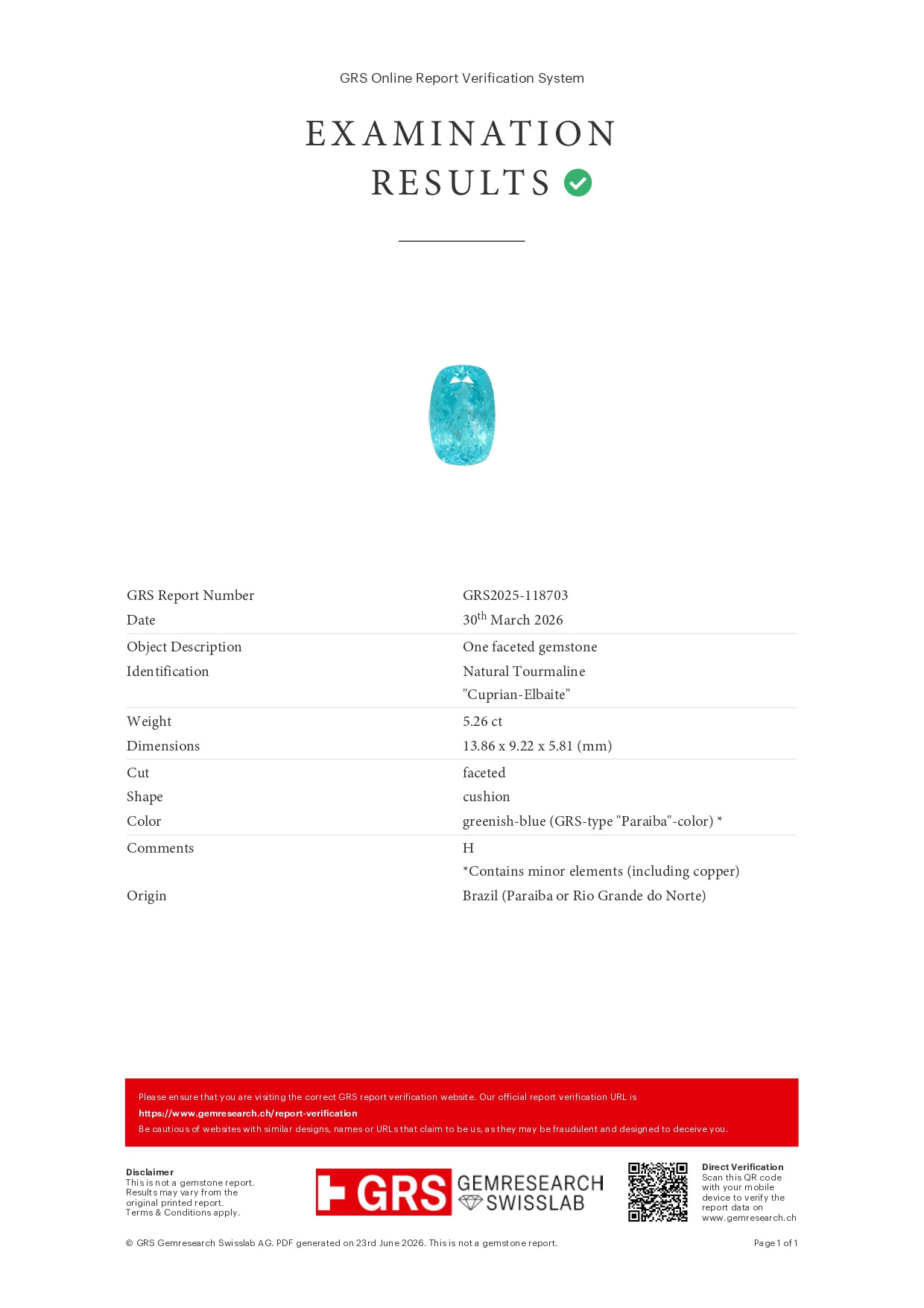 Investment-grade neon-blue Paraiba tourmaline, cushion cut, 5.26 carats, Brazil, GRS, GIA Image №10
