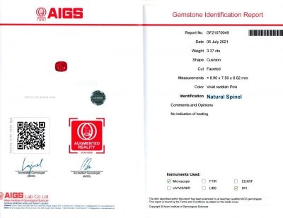 Certificate Cushion cut red spinel 3.37 ct Burma