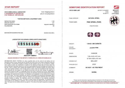 Certificate Pair of purple-pink cushion cut spinels 3.80 ct, Burma