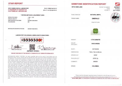 Certificate Emerald Vivid Green 1.75 ct, Colombia