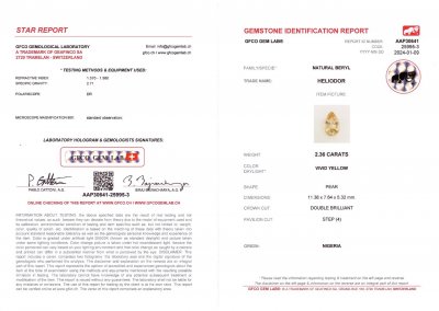 Certificate Yellow beryl in pear cut 2.36 carats, Nigeria