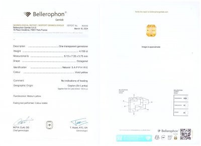 Certificate Top Golden color yellow sapphire in radiant cut 4.15 carats, Sri Lanka