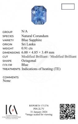 Certificate Pastel blue sapphire in radiant cut 0.91 carats, Sri Lanka