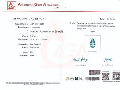 Certificate Aquamarine pear cut 7.39 carats, Brazil