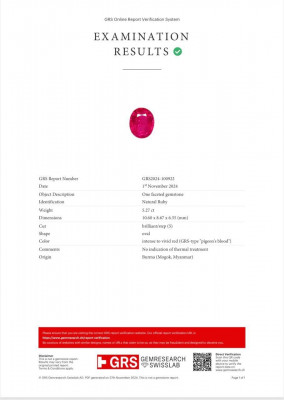 Certificate Unheated Pigeon's Blood red ruby in oval cut 5.27 carats, Burma (Mogok), GRS, SSEF
