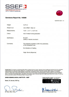 Certificate Unheated Pigeon's Blood red ruby in oval cut 5.27 carats, Burma (Mogok), GRS, SSEF