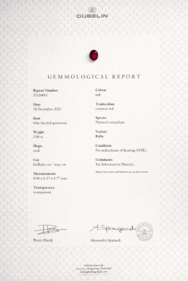 Certificate Unheated ruby Crimson Red oval cut 2.06 carats, Mozambique. Gubelin