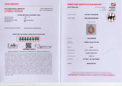 Certificate Unheated orangy-yellow sapphire in pear cut 7.04 carats, Madagascar