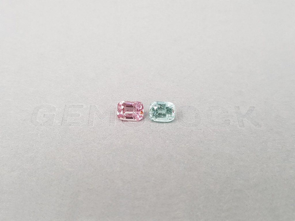 Contrasting pair of pink and mint tourmalines in cushion cut 1.26 ct Image №2