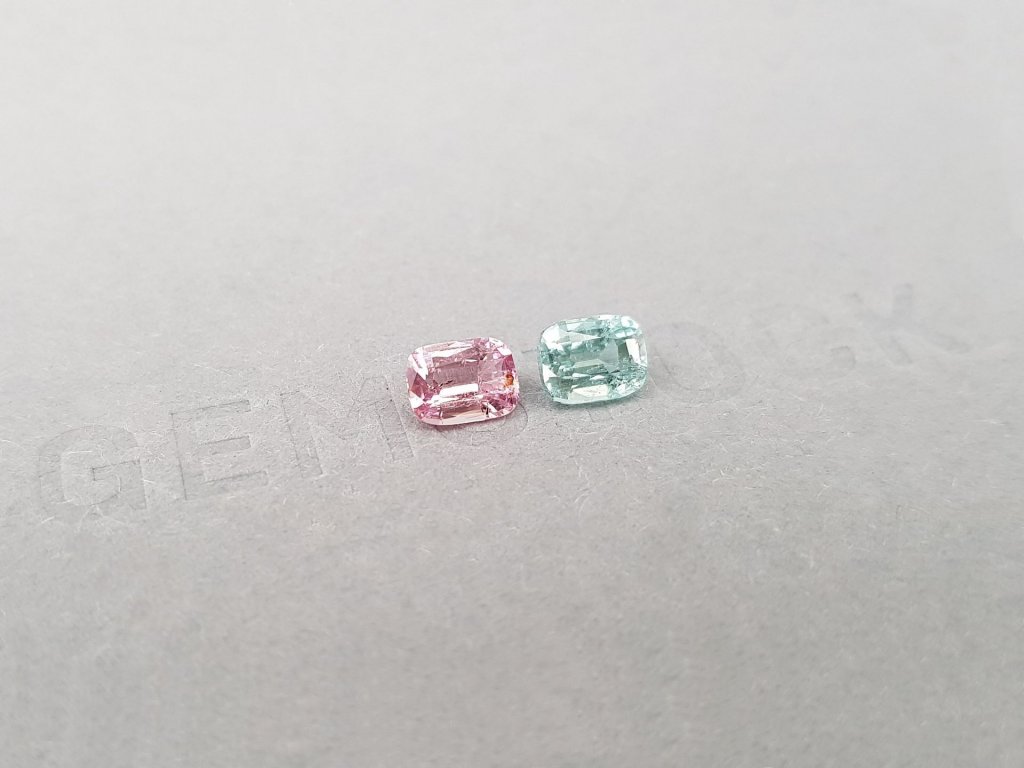 Contrasting pair of pink and mint tourmalines in cushion cut 1.26 ct Image №3