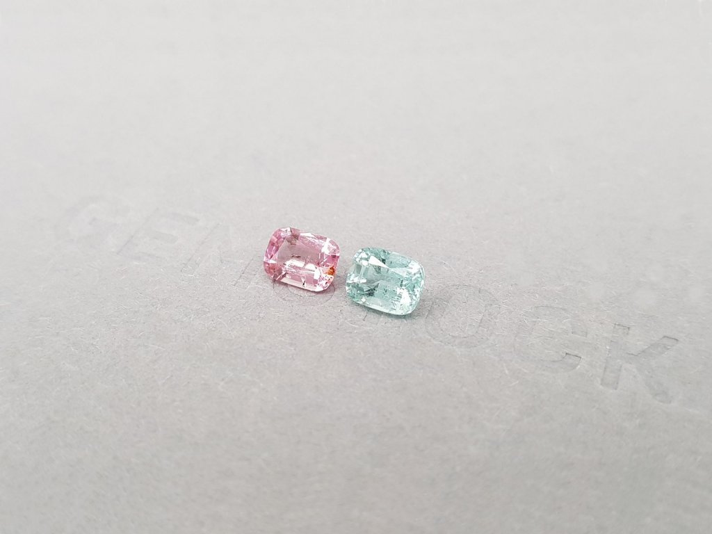 Contrasting pair of pink and mint tourmalines in cushion cut 1.26 ct Image №4