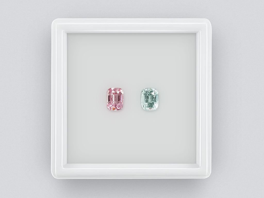 Contrasting pair of pink and mint tourmalines in cushion cut 1.26 ct Image №1