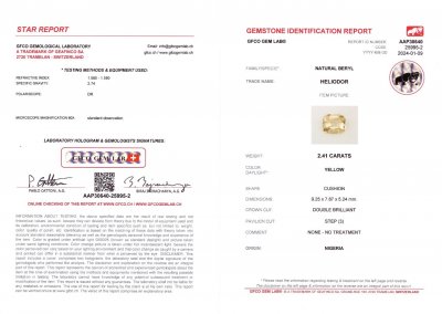 Certificate Nigerian yellow beryl in cushion cut 2.41 ct