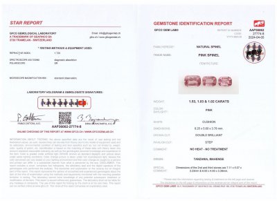 Certificate Cushion cut spinel 1.52 carats, Tanzania