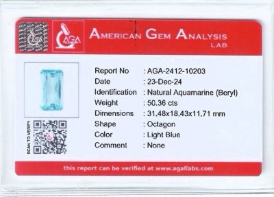 Certificate Large octagon cut aquamarine 50.36 carats, Madagascar
