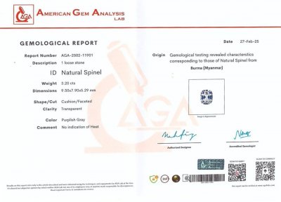 Certificate Violet grey spinel 3.20 carats, cushion shape , Burma